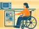 illustration of a person in a wheelchair opening an ADA compliant fridge