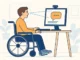 a person sitting in a wheelchair at a desk using eye tracking software on their computer