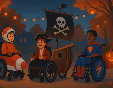 an illustration of kids in wearing costumes in decorated wheelchairs