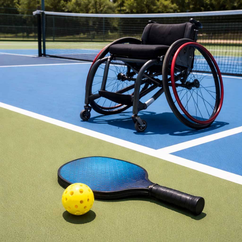 a pickleball paddle and ball in front of a wheelchair on a pickleball court