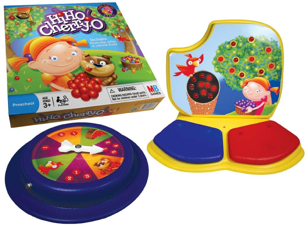 Adapted Hi Ho Cherry-O game set with large switch-accessible buttons and spinner for inclusive play.