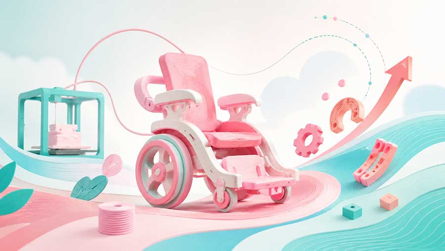 Illustration representing a 3D-printed mobility chair and assistive technology